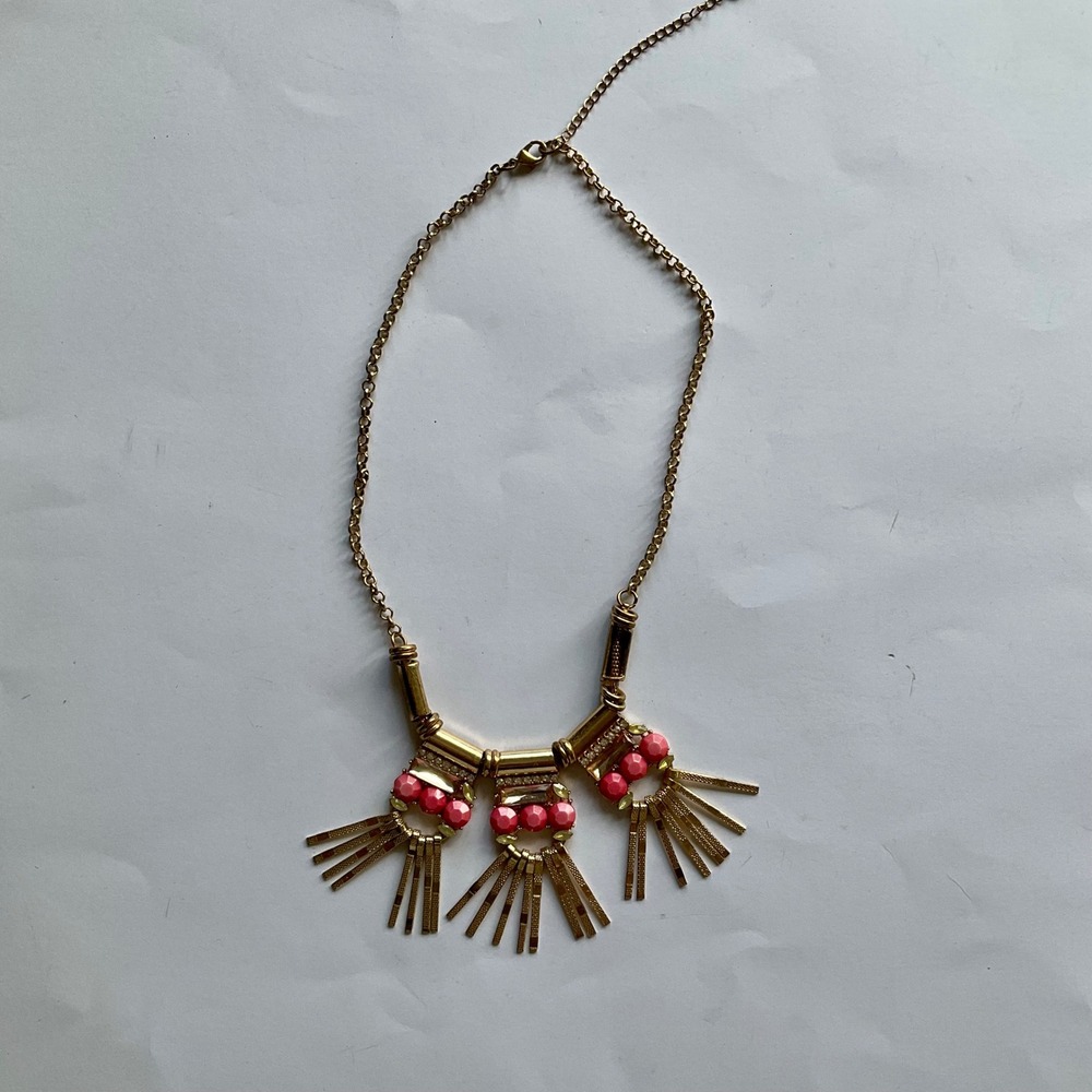 VTGStyle Gold Tone Coral Bead Rhinestone Geometric Fringe Statement Bib Necklace - Picture 5 of 10